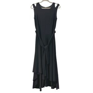 Frank Lyman Dress Womens 8 Black Cut Out Shoulder‎ Midi Hi Low Waterfall Flowy